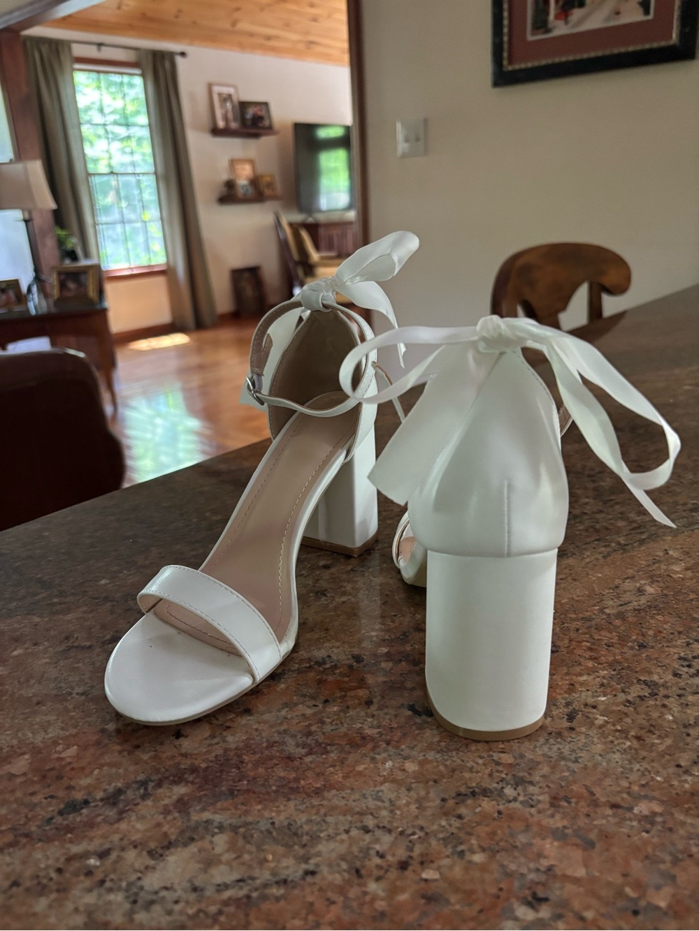 Women's 3” Block Chunky Heels White Sandals Open Toe Ankle Strap Shoes 8-8.5